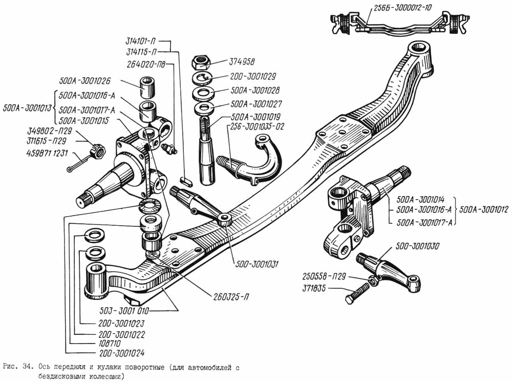 Front axle and steering knuckles (for vehicles with discless wheels)