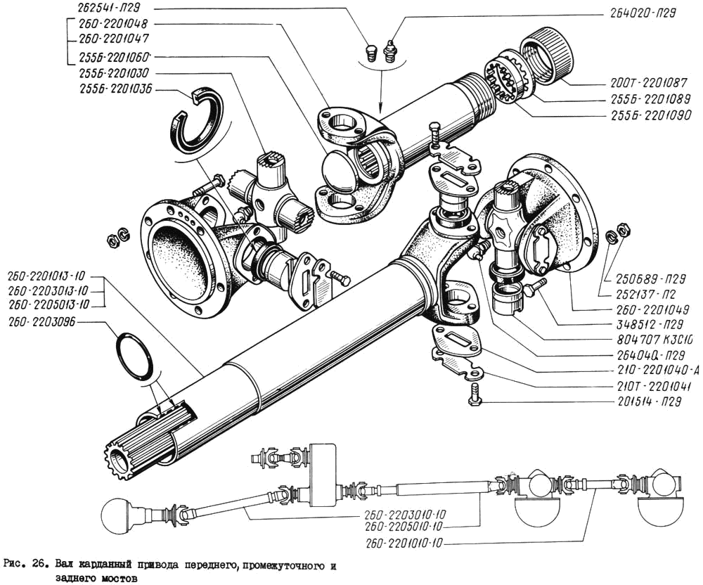 Front, intermediate and rear axles drive cardan shaft