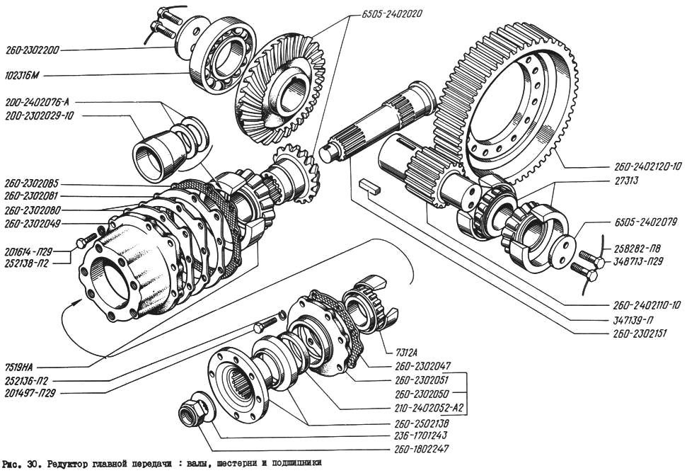 Main gear reduction unit: shafts, gears and bearings