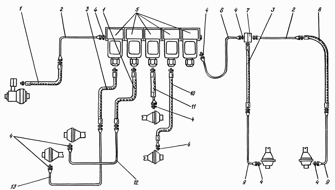 Transfer gearbox, power takeoff and axle differentials locking drive air pipes