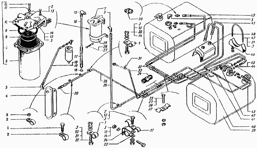 Fuel tanks, fuel pipes and course refining filter (KrAZ-6443, 644301)