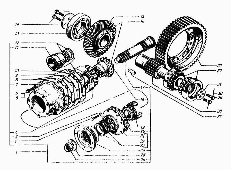 Reduction unit of the front axle (shafts and gears) main gear 