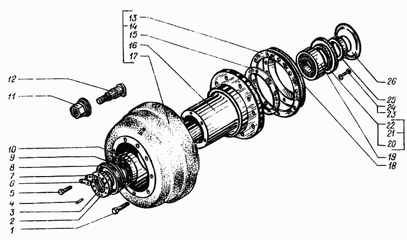 Rear axle hub with brake drum