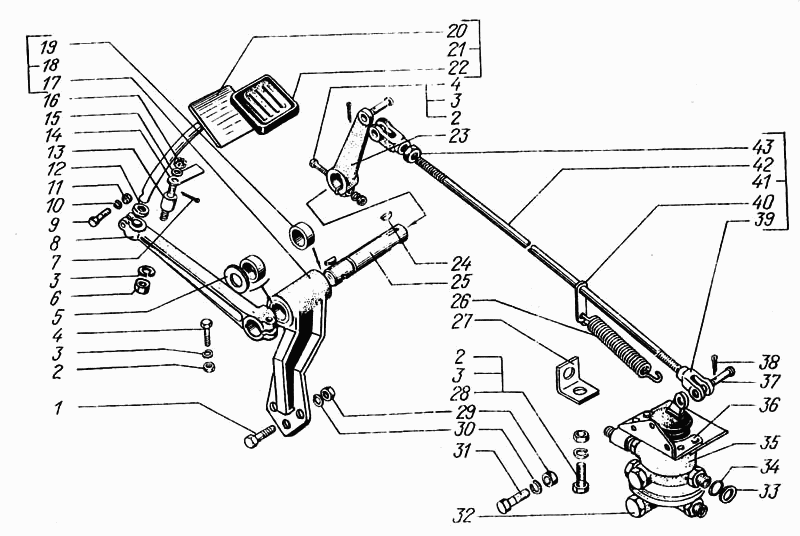 Brake pedal and. two-section brake valve drive