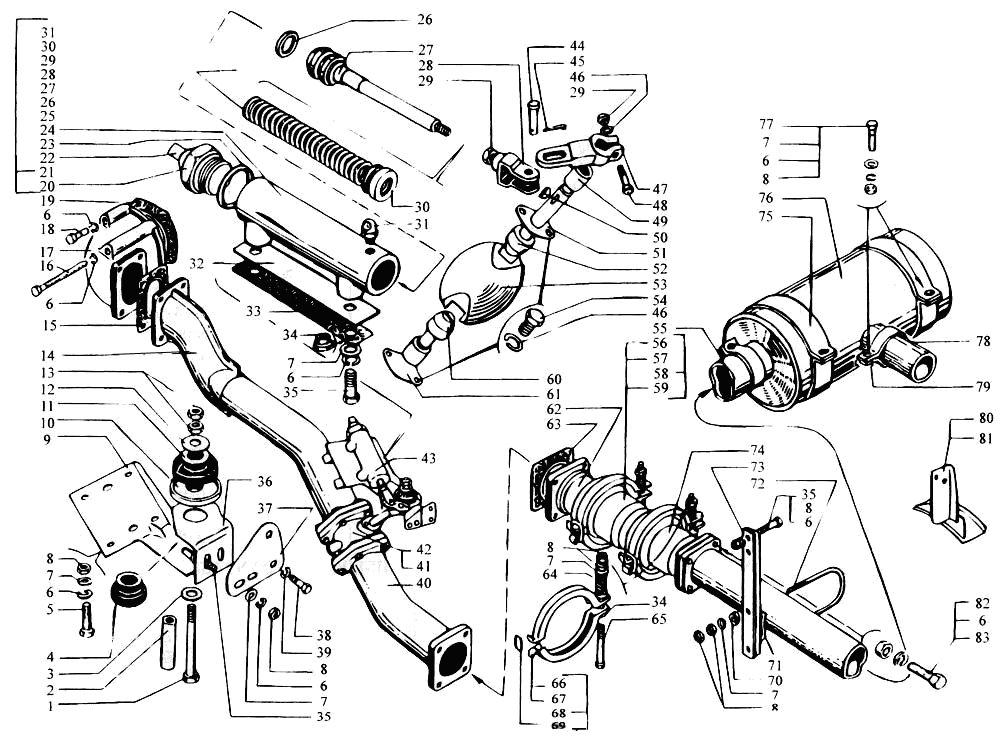 Damper. Exhaust pipes.Auxiliary brake system