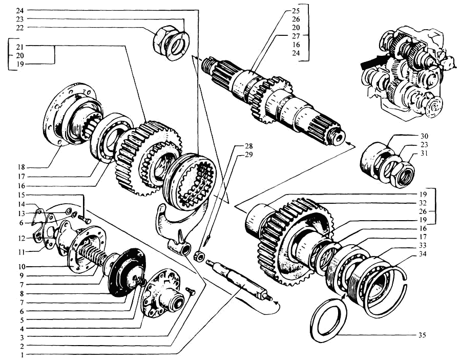 Main shaft and gears