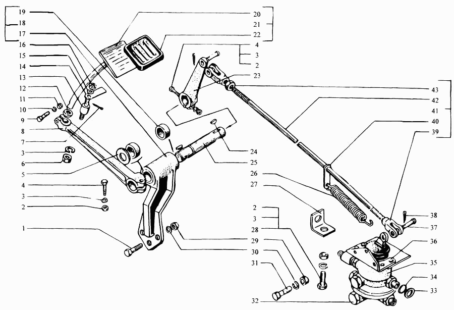 Brake pedal and. two-section brake valve drive