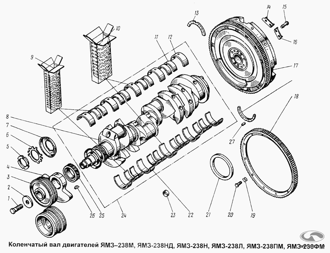 Коленчатый вал двигателей YAMZ-238М, YAMZ-238НД, YAMZ-238Н, YAMZ-238Л, YAMZ-238ПМ, YAMZ-238ФМ