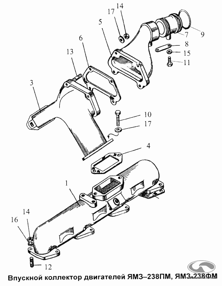 Впускной колектор двигателя YAMZ-238ПМ, YAMZ-238ФМ