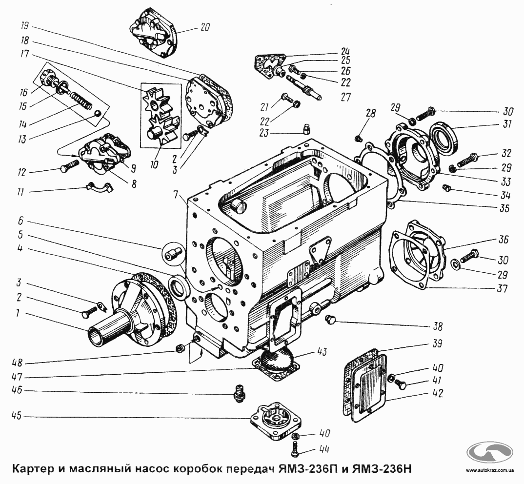 Картер и масляный насос коробок передач YAMZ-236П и YAMZ-236Н