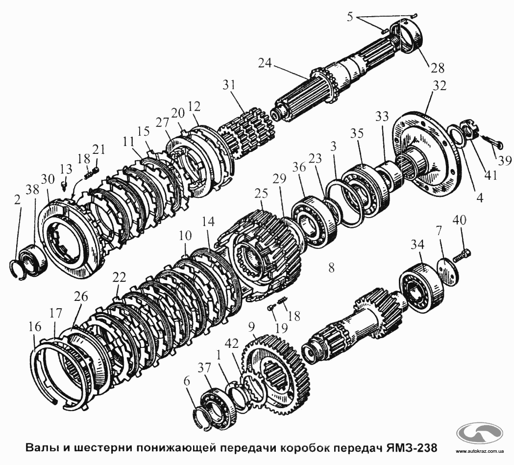 Валы и шестерни понижающей передачи коробок передач YAMZ-238