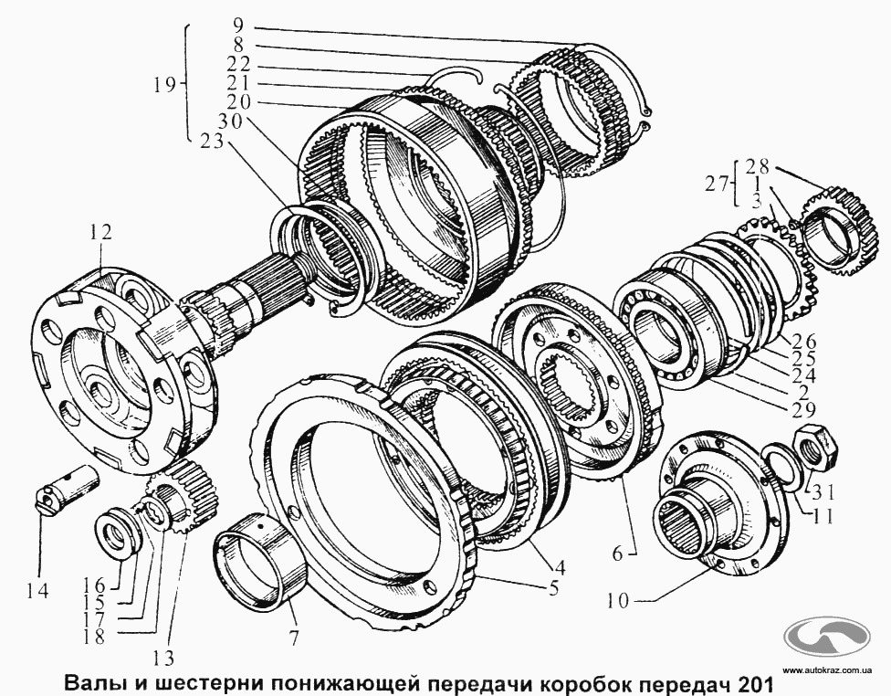 Валы и шестерни понижающей передачи коробок передач 201