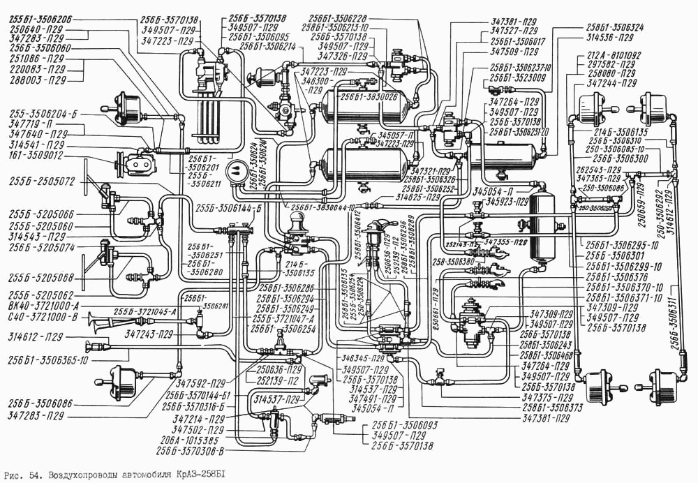 Воздухопроводы автомобиля КрАЗ-258Б1