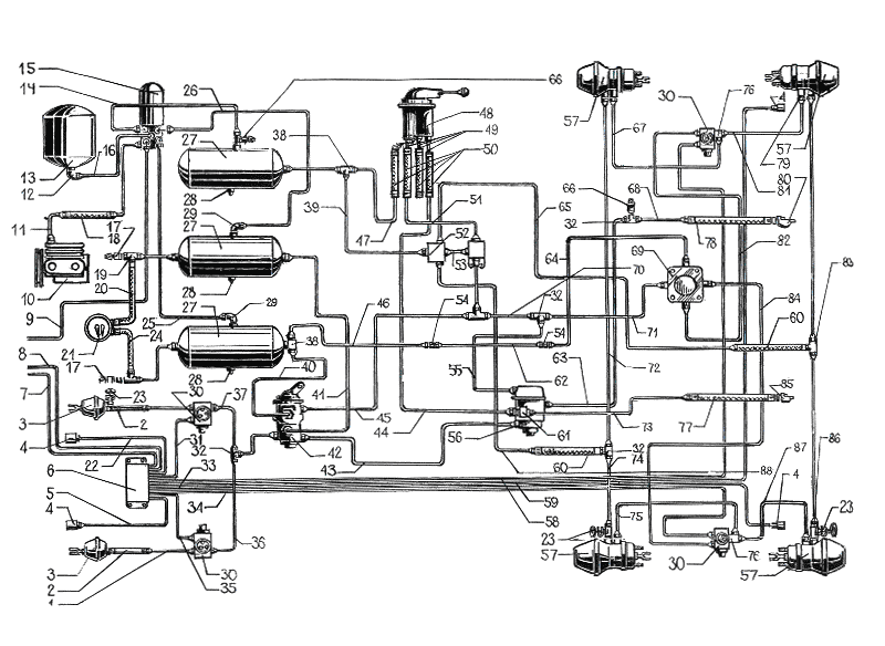 Воздухопроводы и аппараты тормозной системы автомобиля КрАЗ-65053,КрАЗ-64431