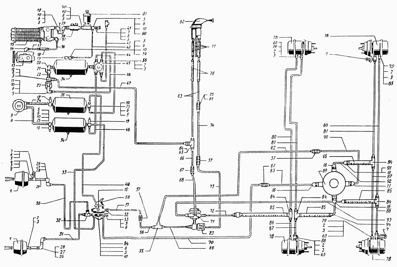 Воздухопроводы и аппараты тормозной системы автомобиля краз-65055