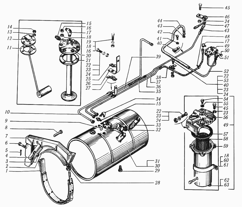 Топливный бак, топливопроводы и фильтр грубой очистки топлива автомобиля КрАЗ-6510