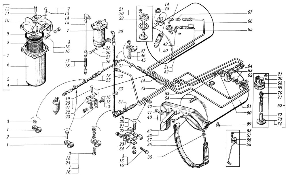 Топливные баки, топливопроводы, фильтр грубой очистки топлива автомобилей КрАЗ-6444 и КрАЗ-65101