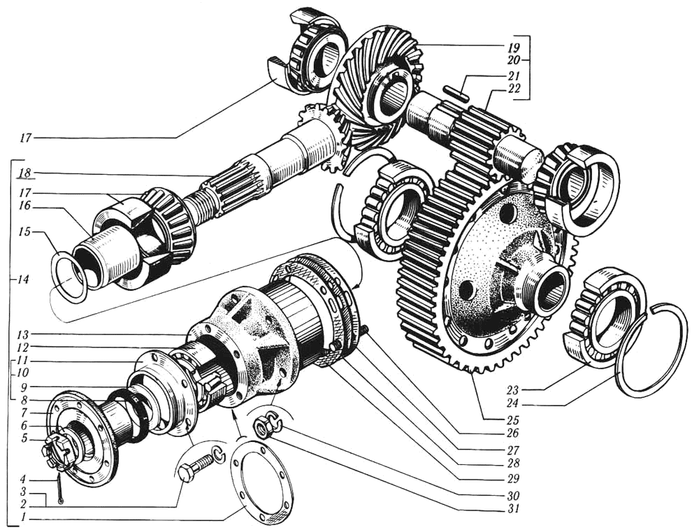 Валы и шестерни редуктора главной передачи заднего (среднего) моста